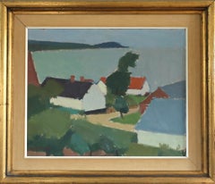 Pittura ad olio astratta di paesaggio della metà del secolo scorso - Cottage sulla costa