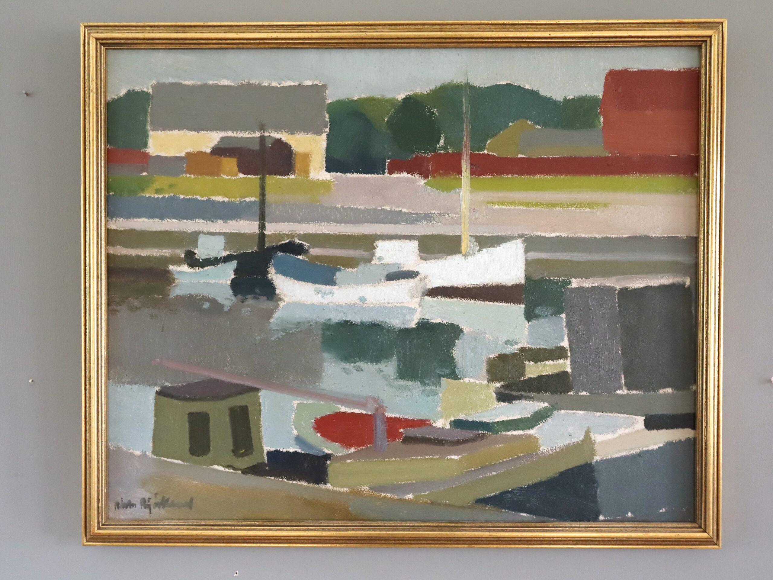 Mid Century Modern Abstract Landscape Oil Painting - Harbour Reflections - Gray Landscape Painting by Richard Björklund