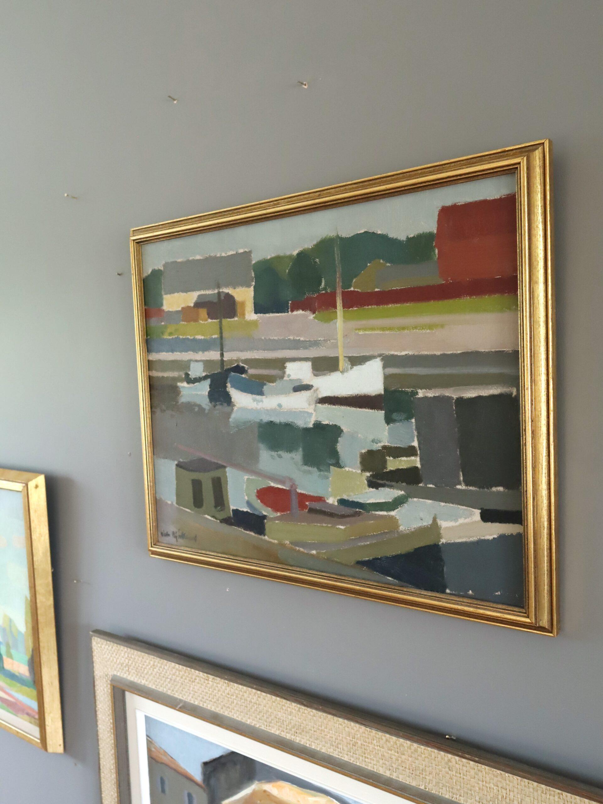 Mid Century Modern Abstract Landscape Oil Painting - Harbour Reflections For Sale 1
