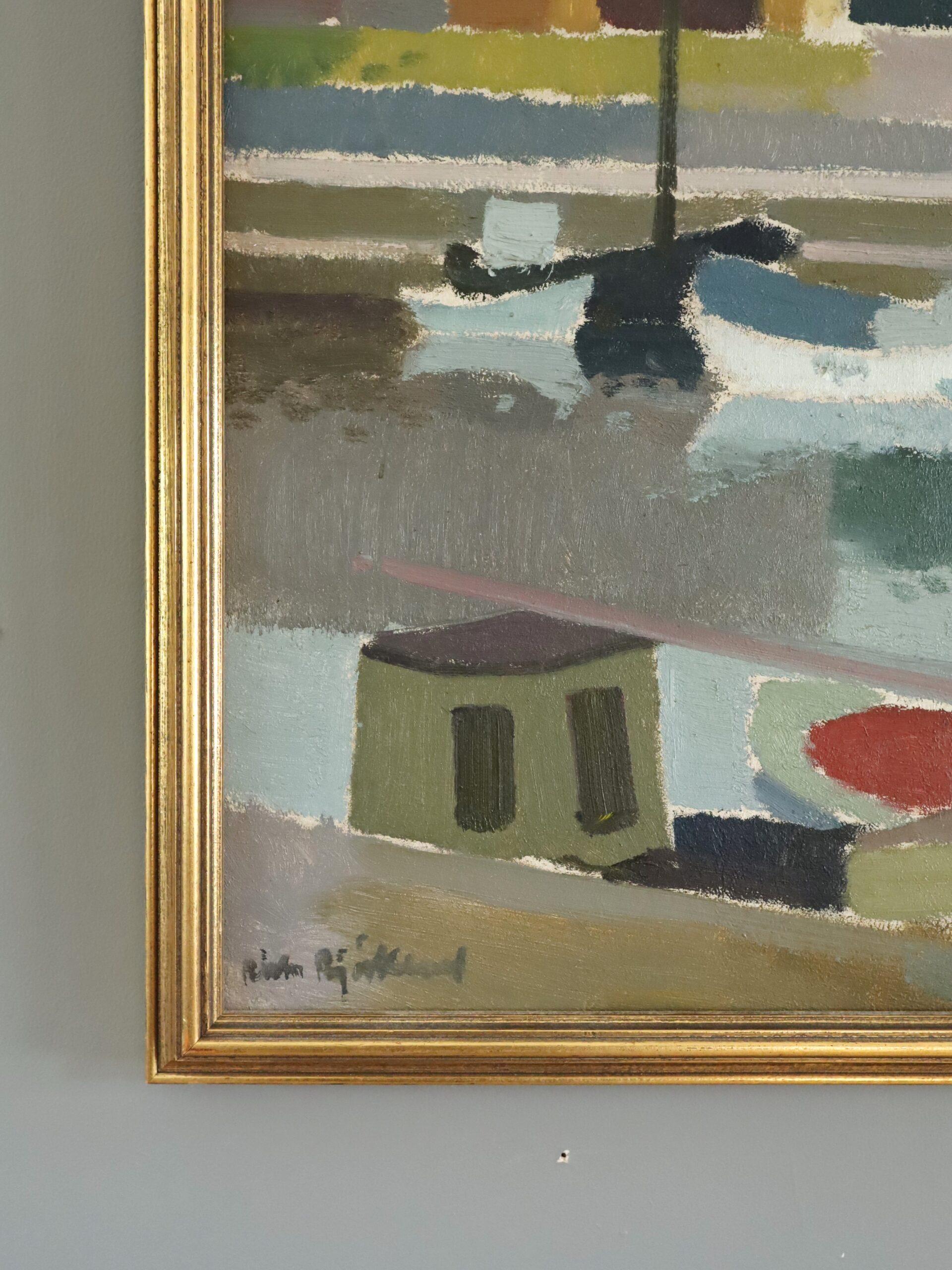 Mid Century Modern Abstract Landscape Oil Painting - Harbour Reflections For Sale 2