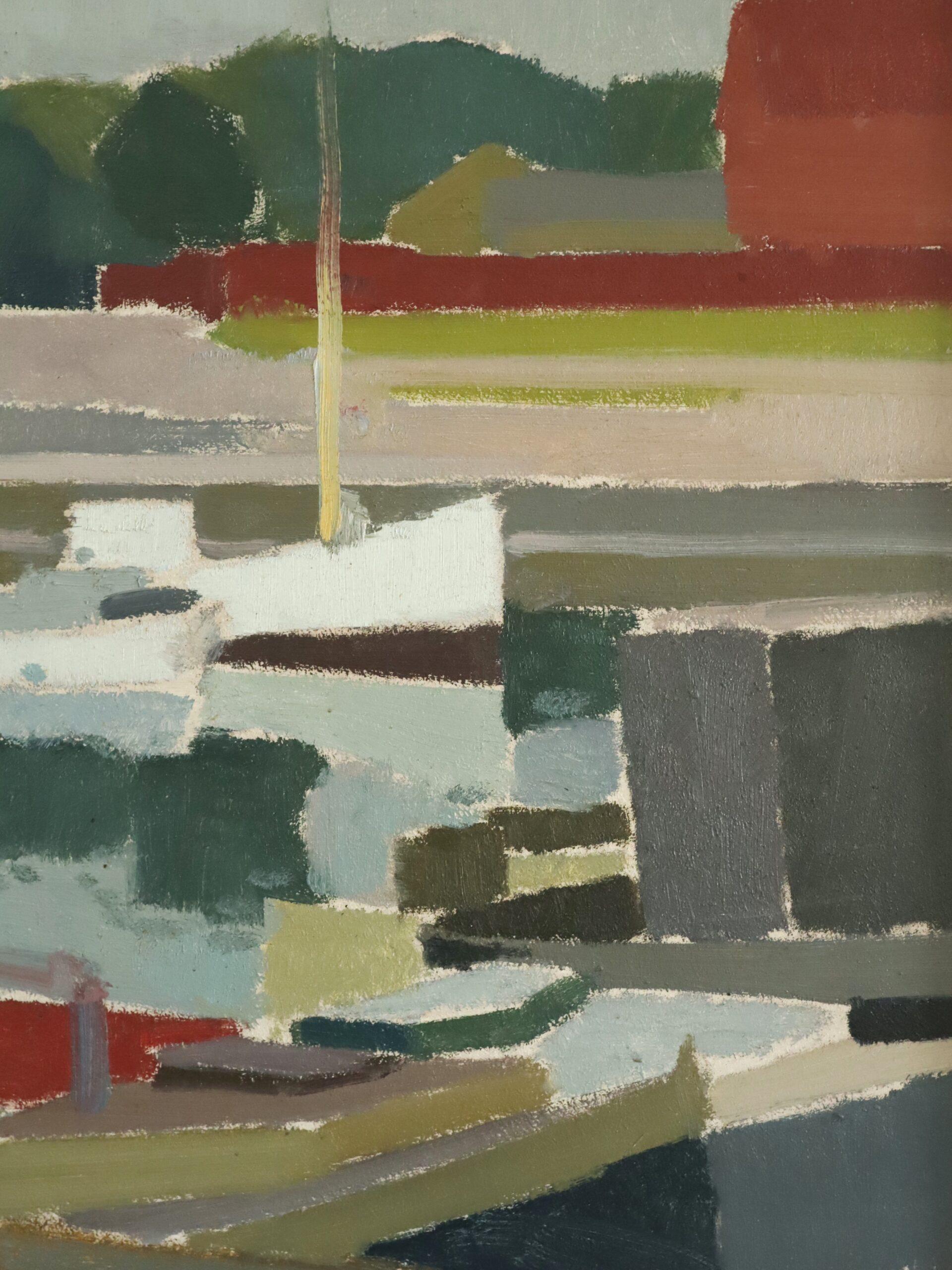 Mid Century Modern Abstract Landscape Oil Painting - Harbour Reflections For Sale 4