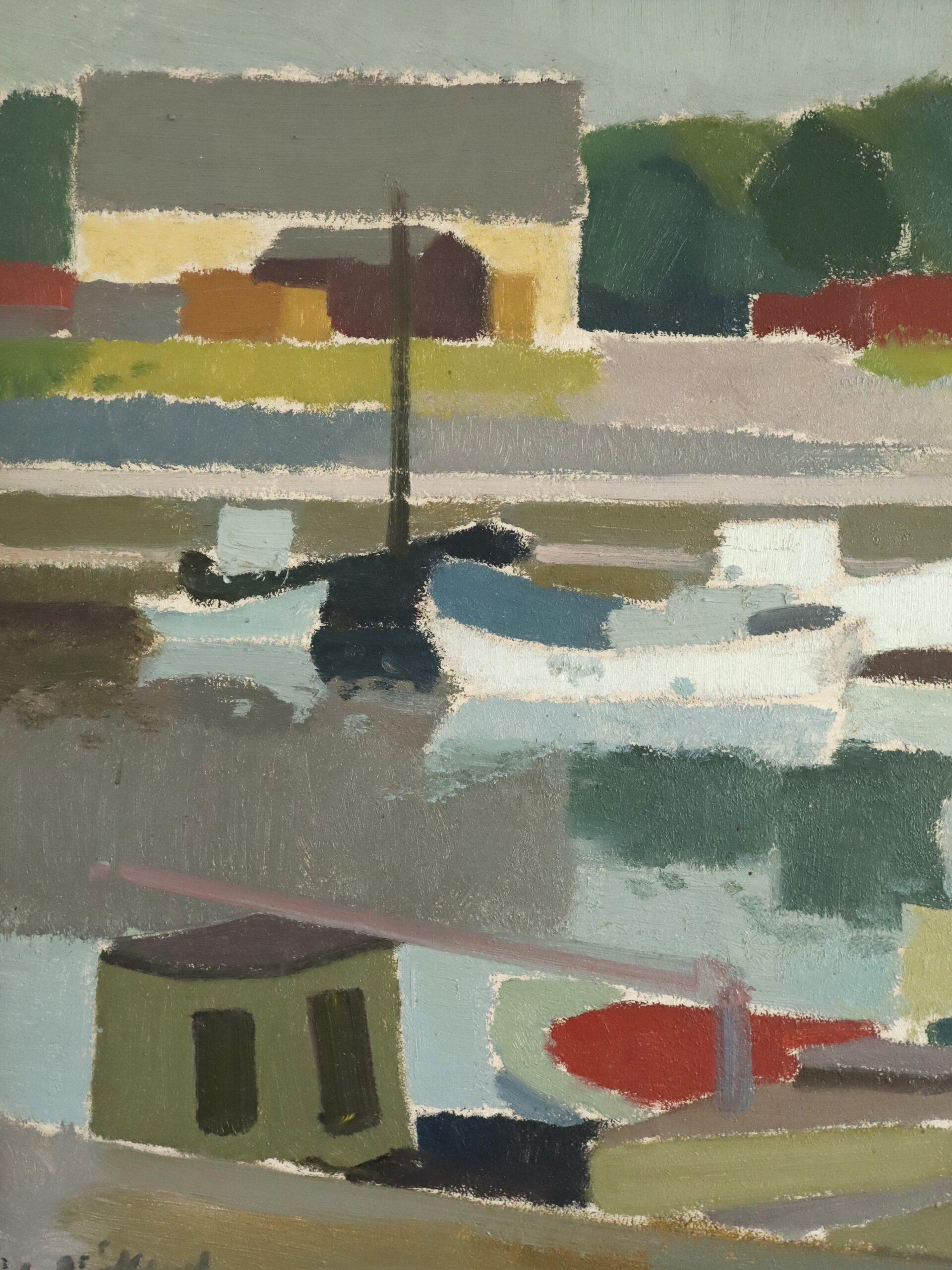 Mid Century Modern Abstract Landscape Oil Painting - Harbour Reflections For Sale 5