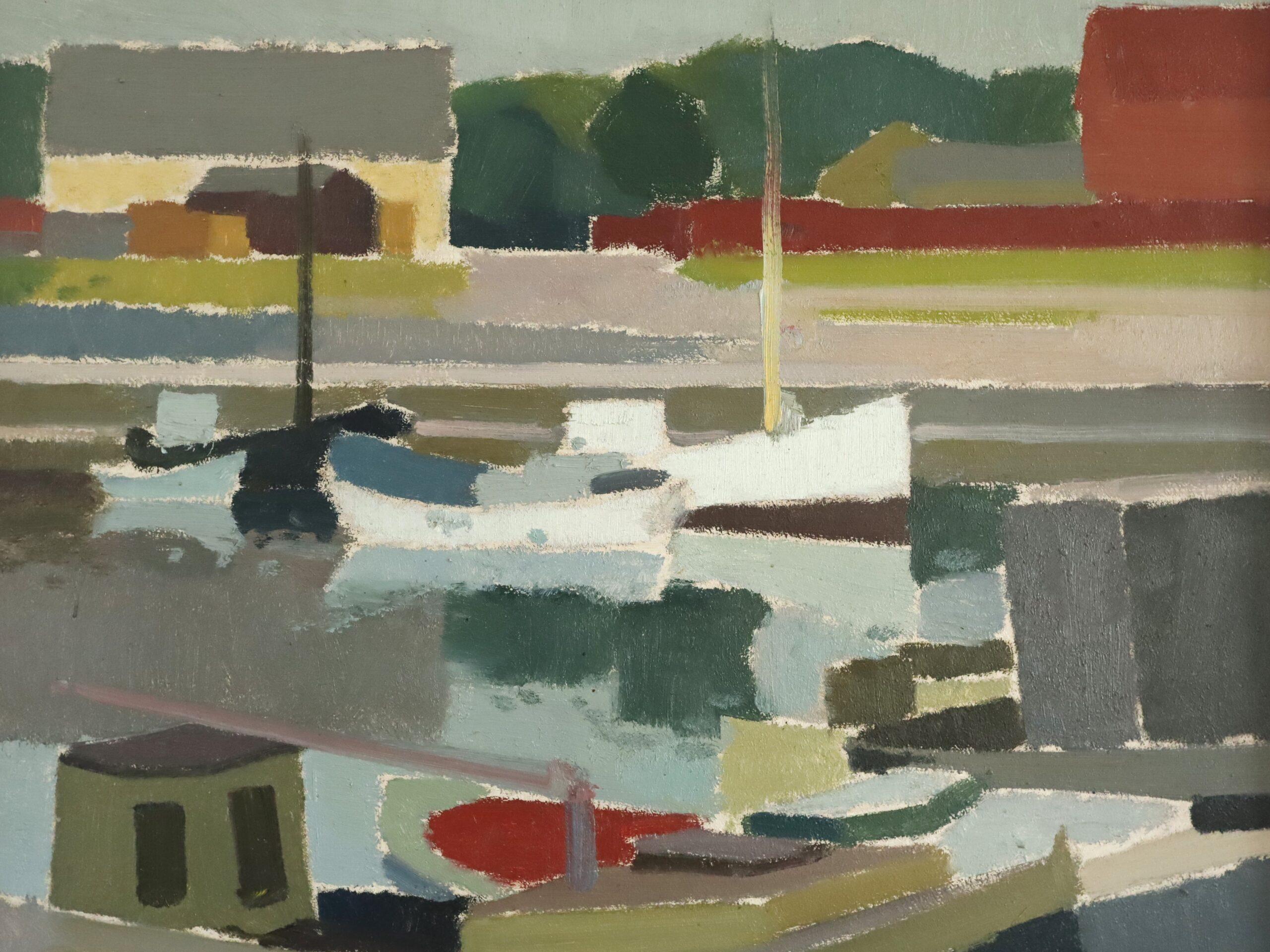 Mid Century Modern Abstract Landscape Oil Painting - Harbour Reflections For Sale 6
