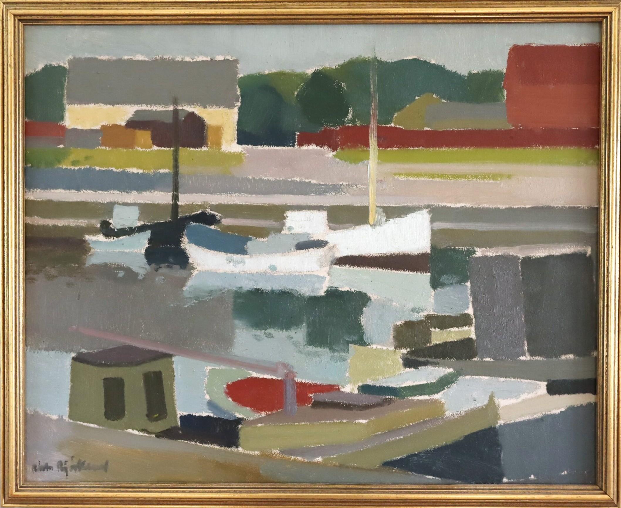 Richard Björklund Landscape Painting - Mid Century Modern Abstract Landscape Oil Painting - Harbour Reflections
