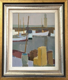 Mid Century Modern Swedish Harbour Scene Oil Painting - By the Lighthouse