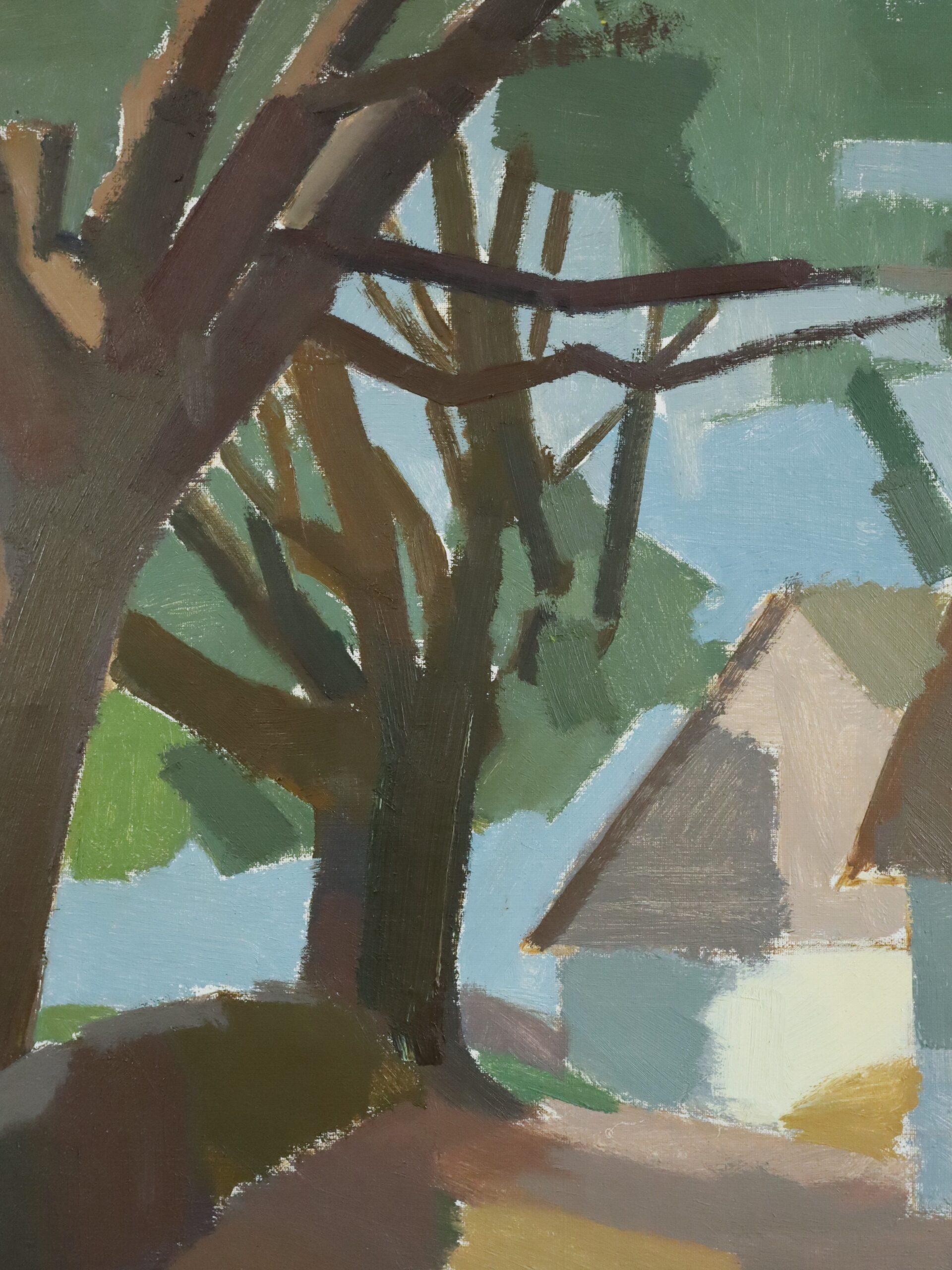 Mid Century Modern Vintage Swedish Landscape Oil Painting - The Shaded Cottage For Sale 7