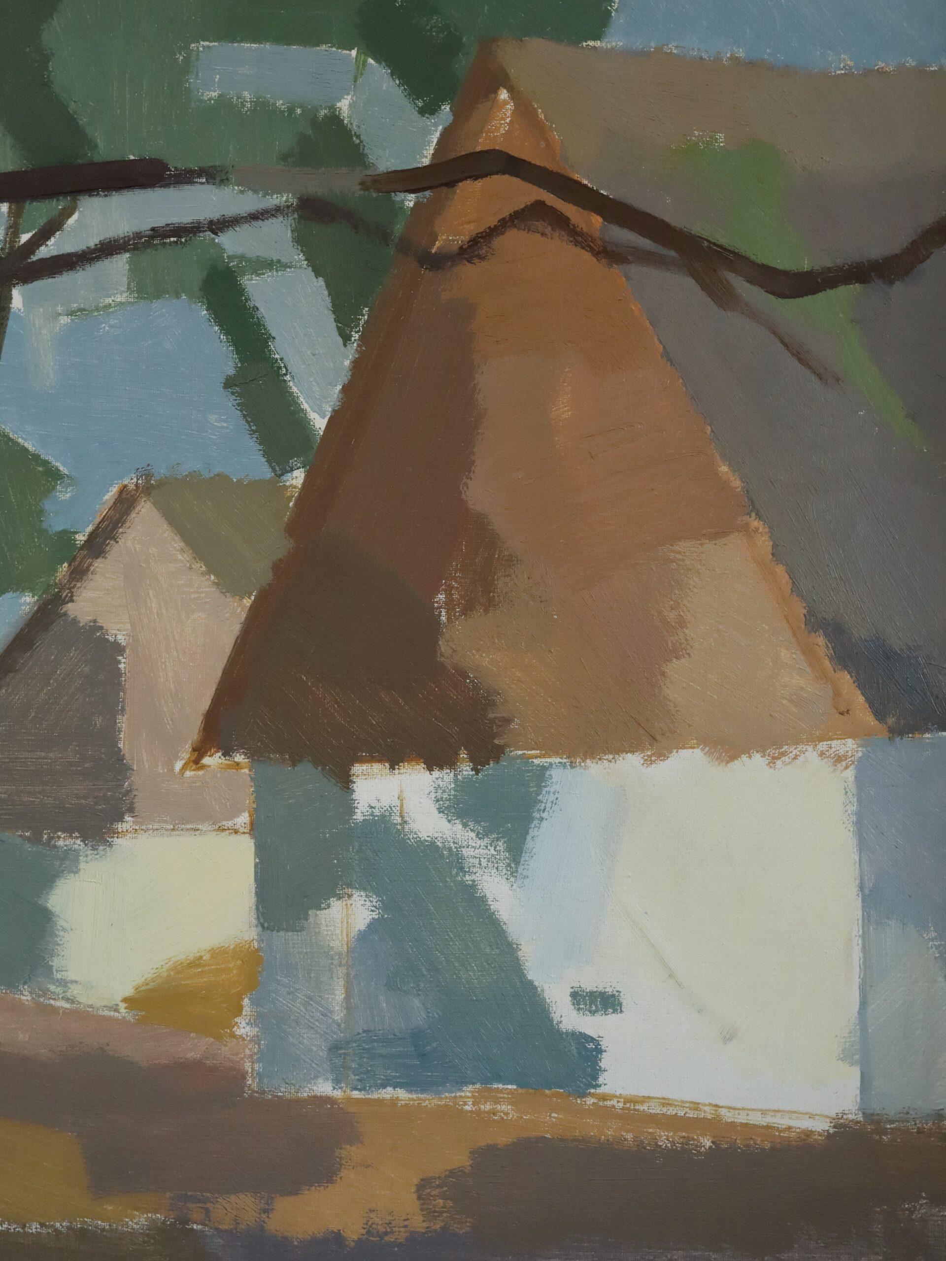 Mid Century Modern Vintage Swedish Landscape Oil Painting - The Shaded Cottage For Sale 8