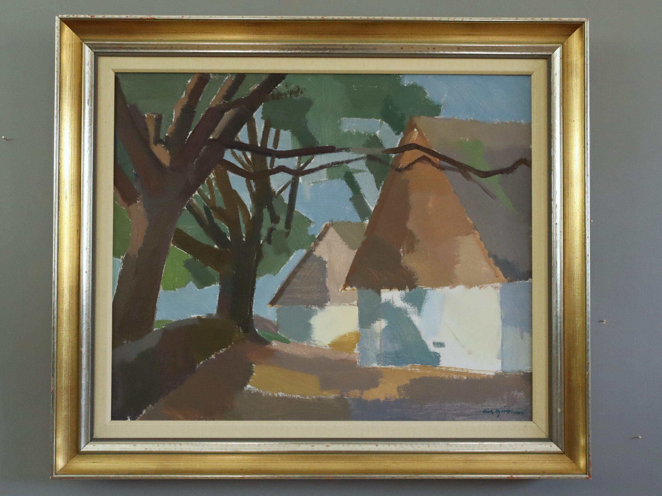 Mid Century Modern Vintage Swedish Landscape Oil Painting - The Shaded Cottage - Gray Landscape Painting by Richard Björklund