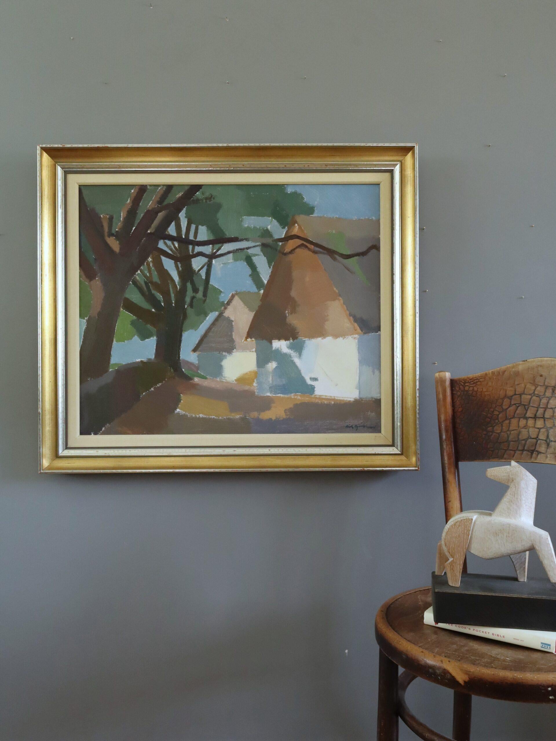 THE SHADED COTTAGE
Size: 68.5 x 79 cm (including frame)
Oil on canvas

A charming mid-century modernist style landscape composition, painted in oil onto canvas by the established Swedish artist Richard Björklund (1897–1974), whose works have been
