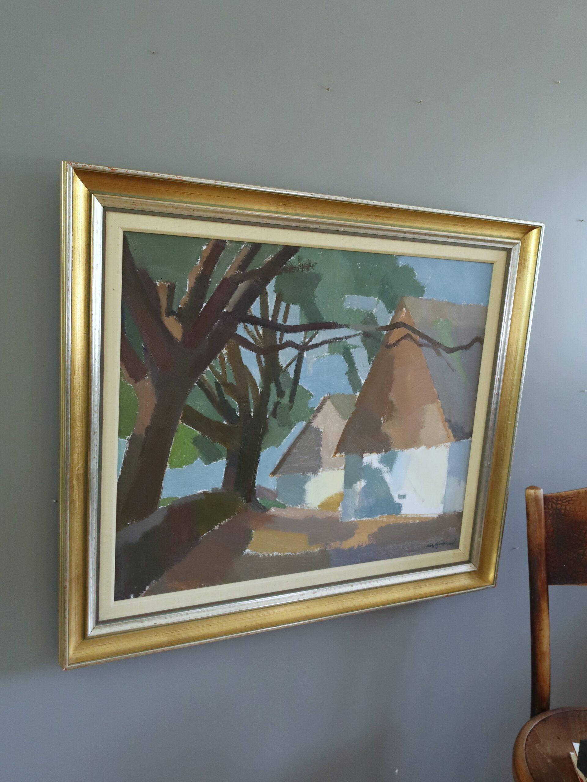 Mid Century Modern Vintage Swedish Landscape Oil Painting - The Shaded Cottage For Sale 1