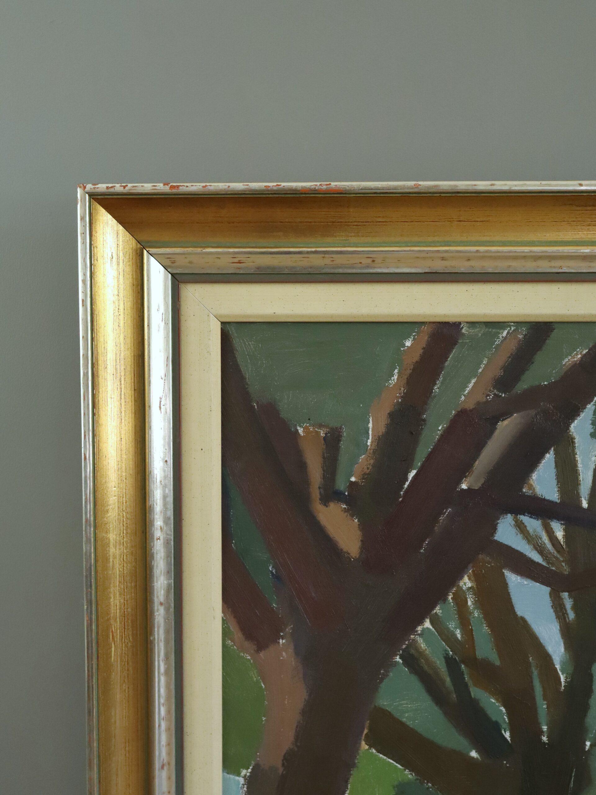 Mid Century Modern Vintage Swedish Landscape Oil Painting - The Shaded Cottage For Sale 3