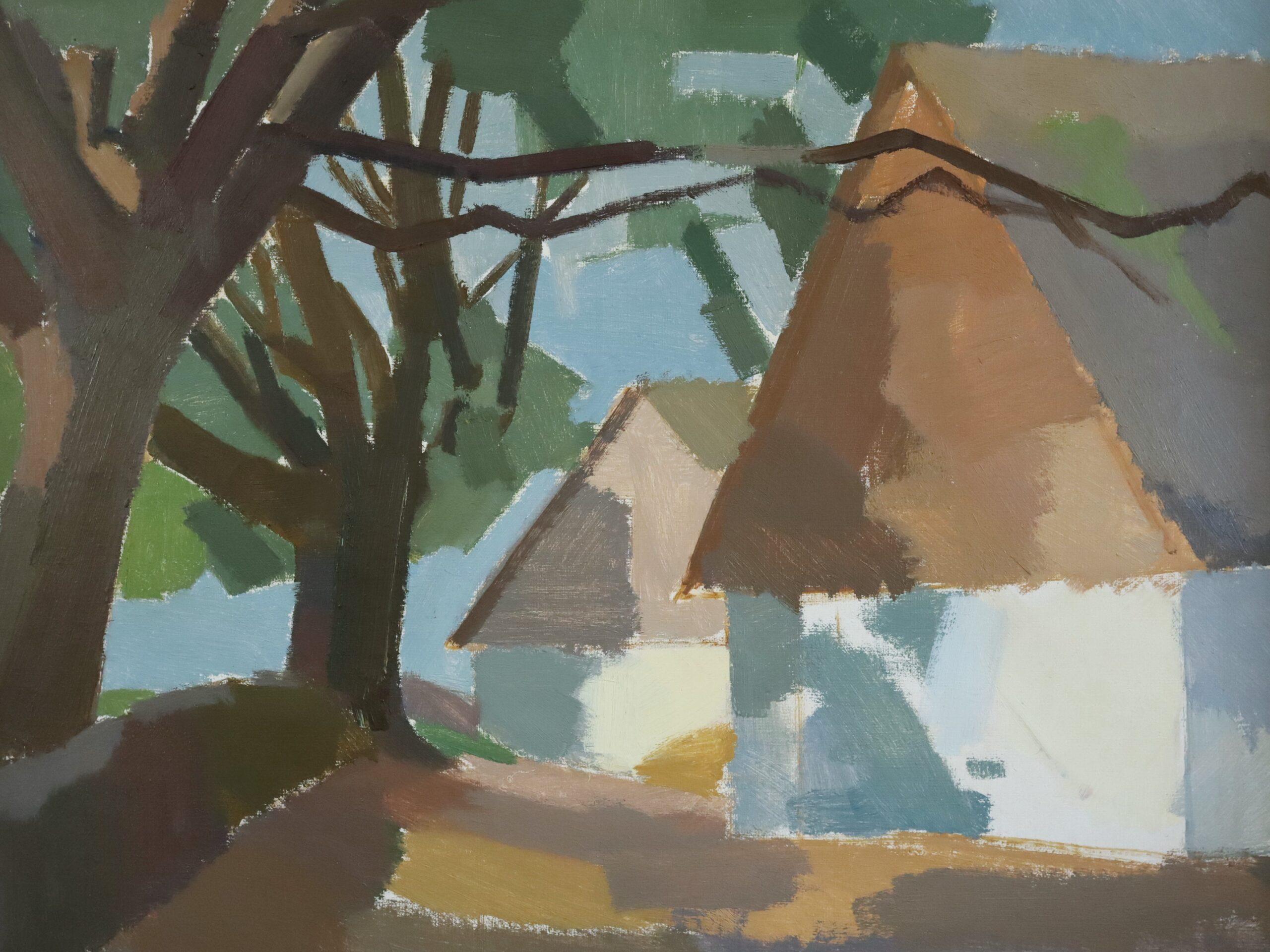 Mid Century Modern Vintage Swedish Landscape Oil Painting - The Shaded Cottage For Sale 6