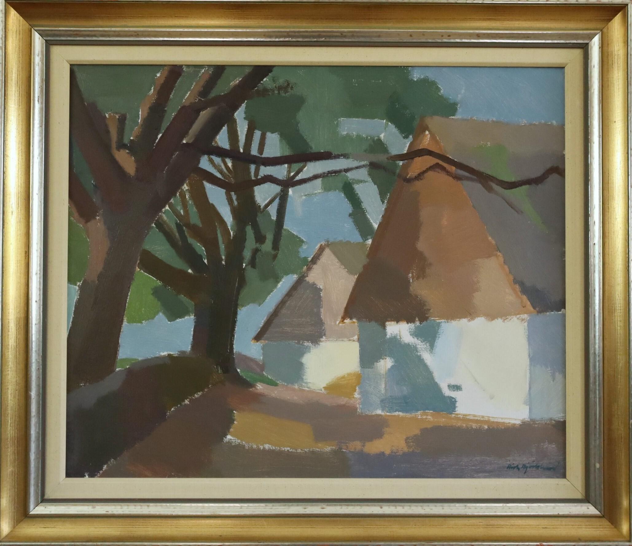 Richard Björklund Landscape Painting - Mid Century Modern Vintage Swedish Landscape Oil Painting - The Shaded Cottage