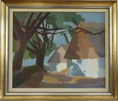 Mid Century Modern Vintage Swedish Landscape Oil Painting - The Shaded Cottage