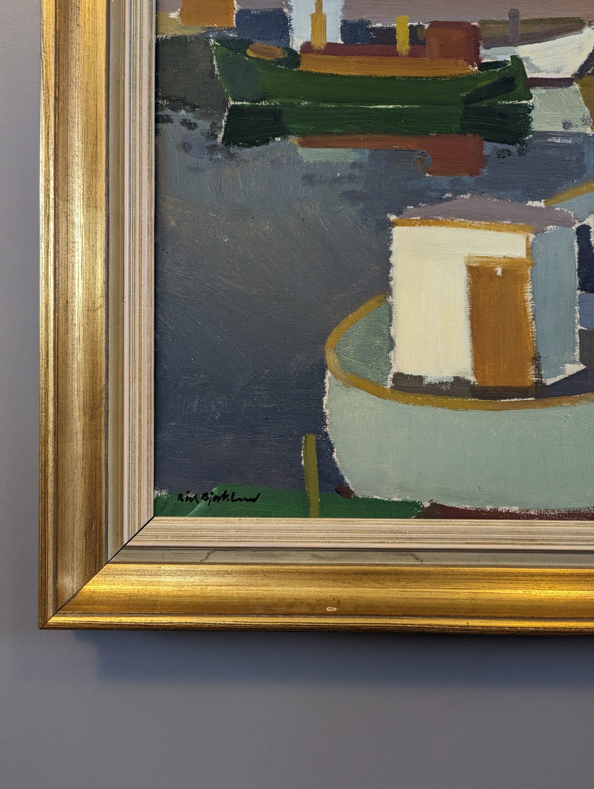 Vintage Mid-Century Modern Harbour Framed Oil Painting - Port at Sunset 8