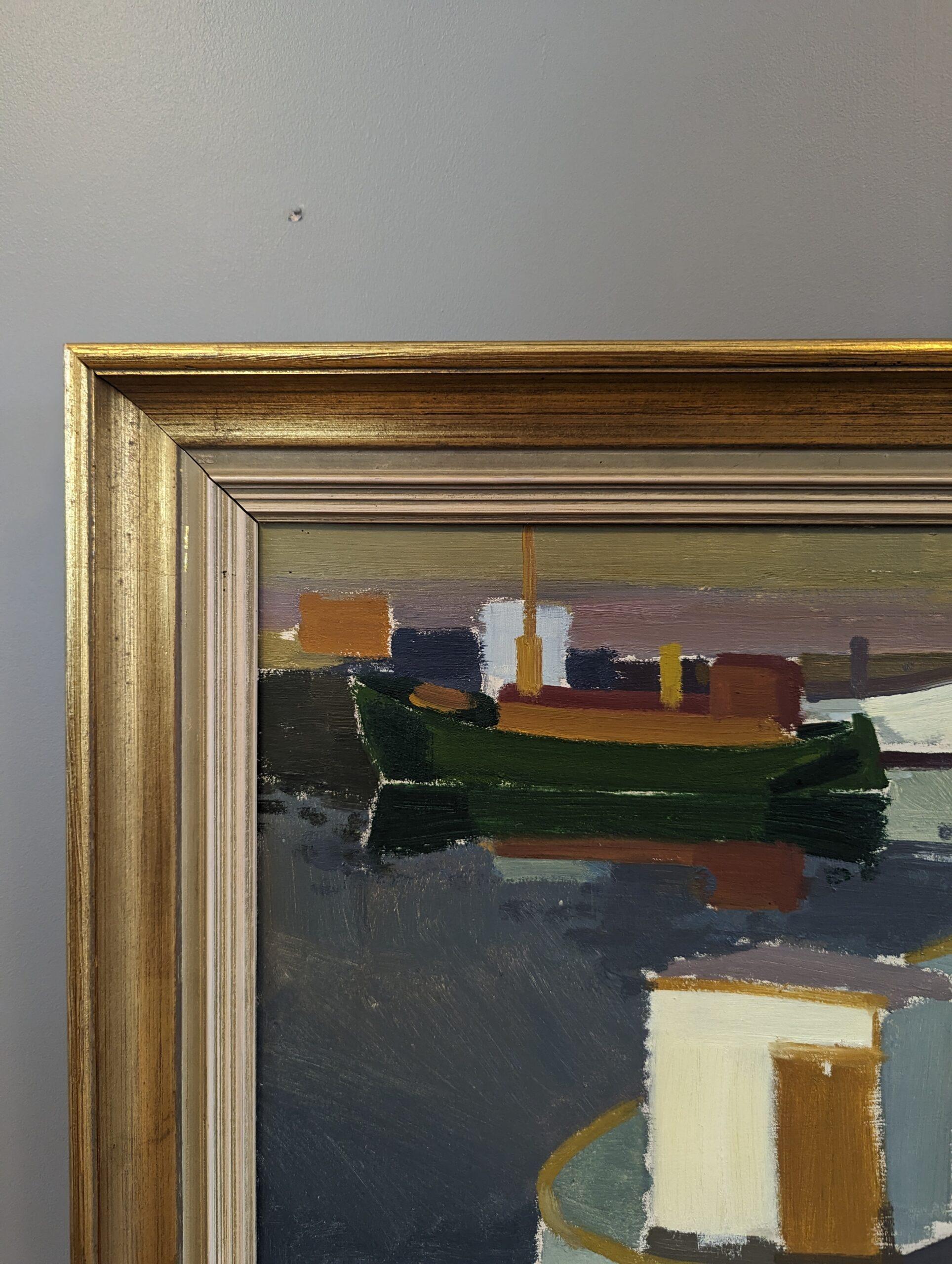 Vintage Mid-Century Modern Harbour Framed Oil Painting - Port at Sunset 9