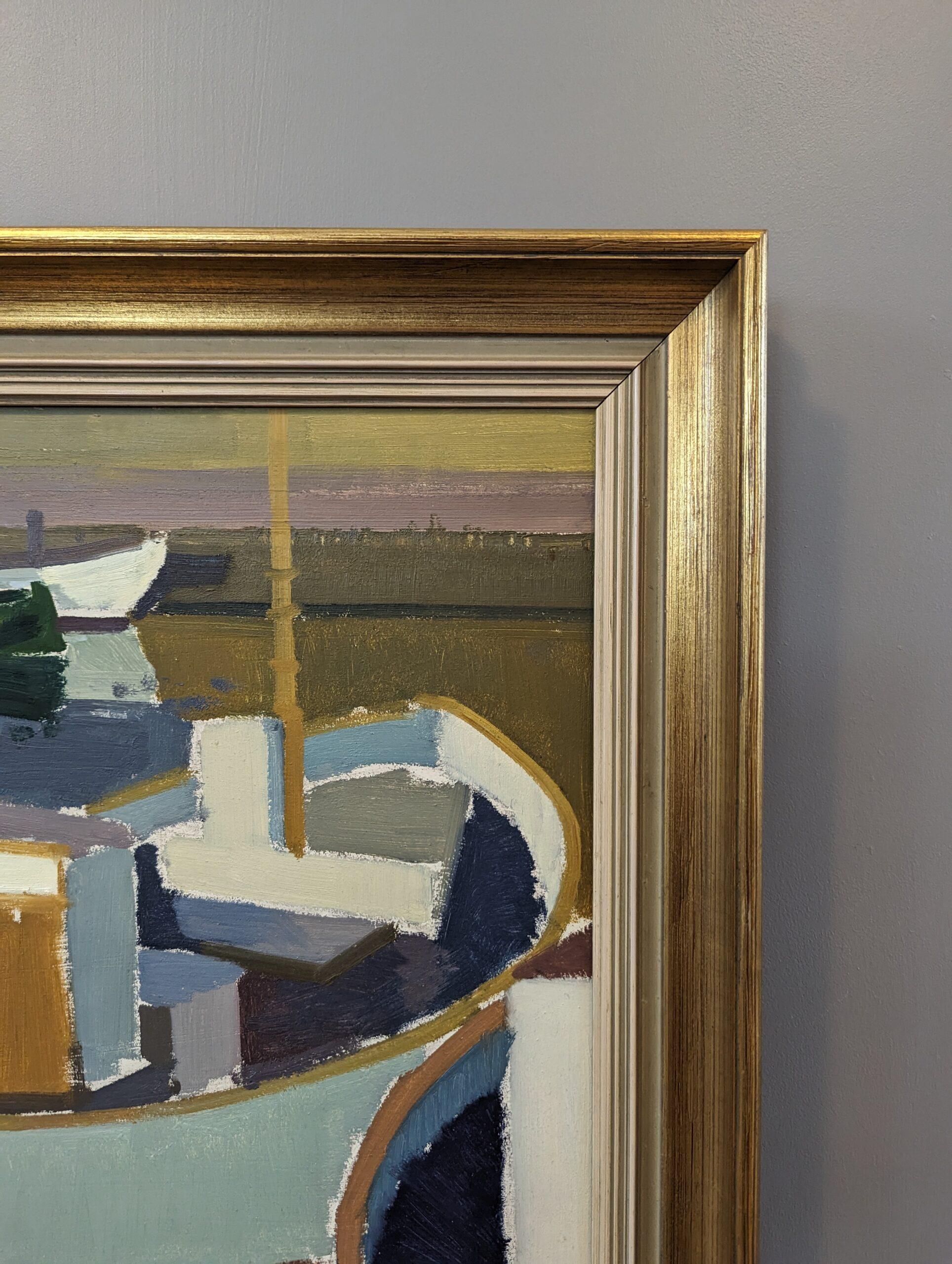 Vintage Mid-Century Modern Harbour Framed Oil Painting - Port at Sunset 10
