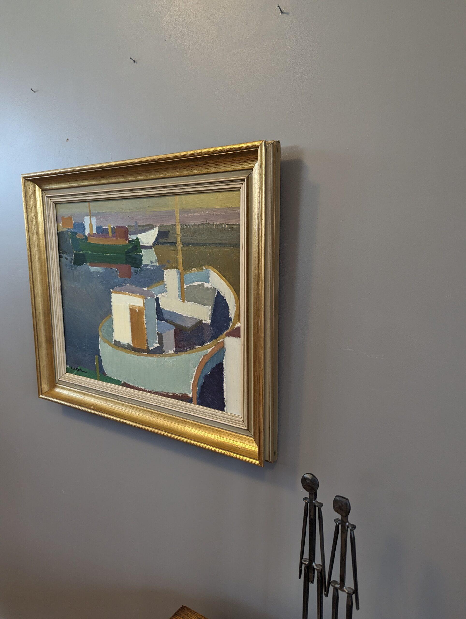 Vintage Mid-Century Modern Harbour Framed Oil Painting - Port at Sunset 1