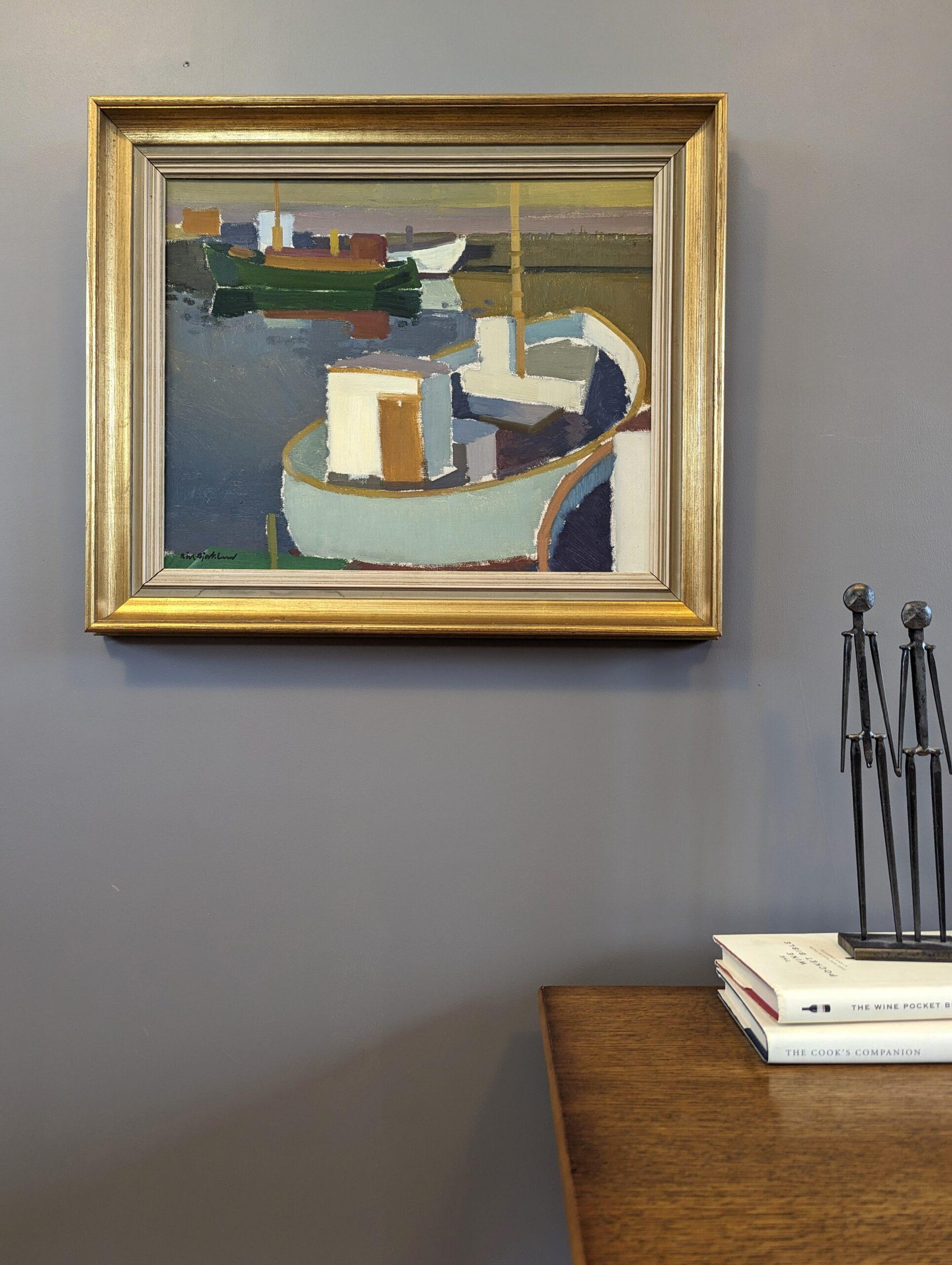 Vintage Mid-Century Modern Harbour Framed Oil Painting - Port at Sunset 3