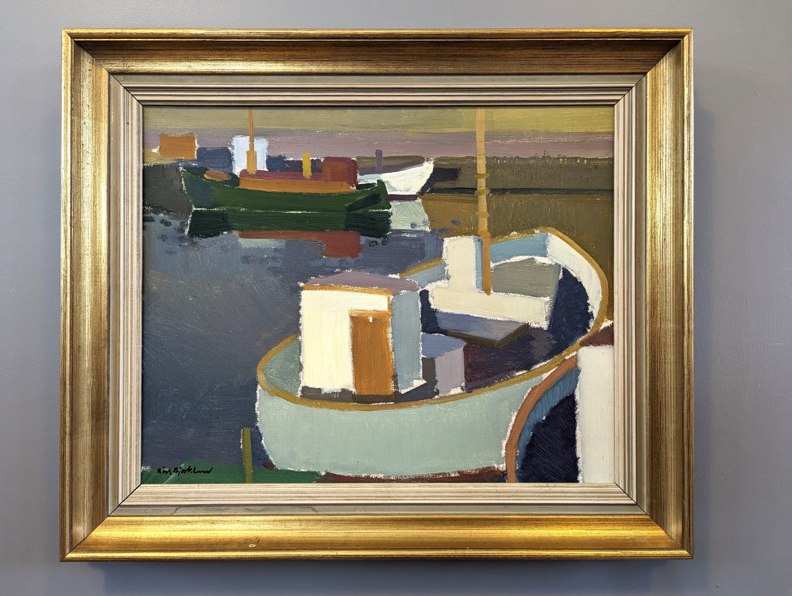Vintage Mid-Century Modern Harbour Framed Oil Painting - Port at Sunset 4