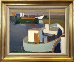 Vintage Mid-Century Modern Harbour Framed Oil Painting - Port at Sunset
