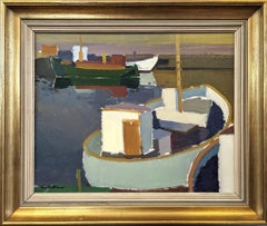 Peinture à l'huile encadrée Vintage Mid-Century Moderns Harbour - Port au coucher du soleil