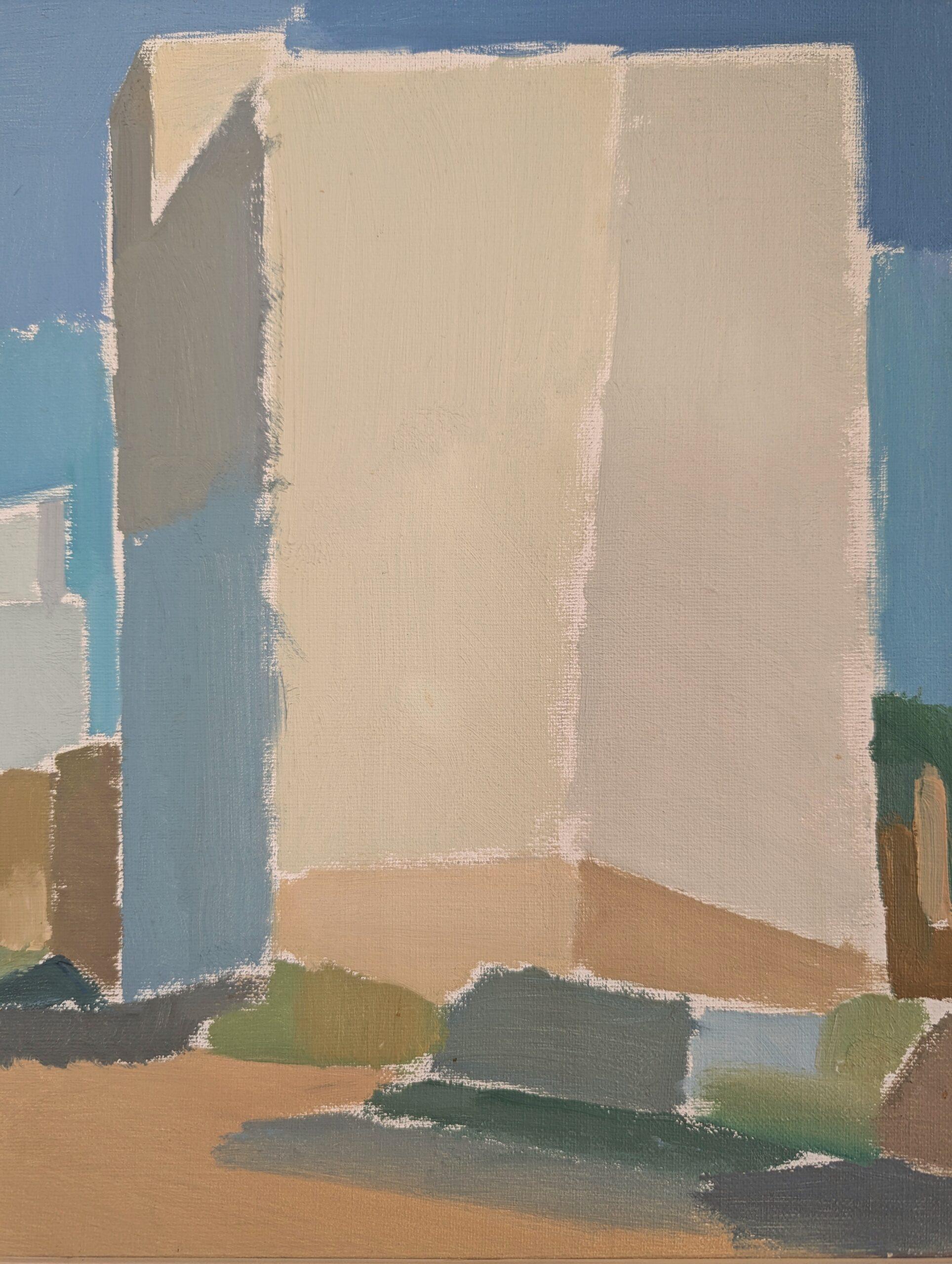 Vintage Mid-Century Modern Landscape Framed Oil Painting -Through the Farmhouses (Paesaggio moderno di metà secolo) 7