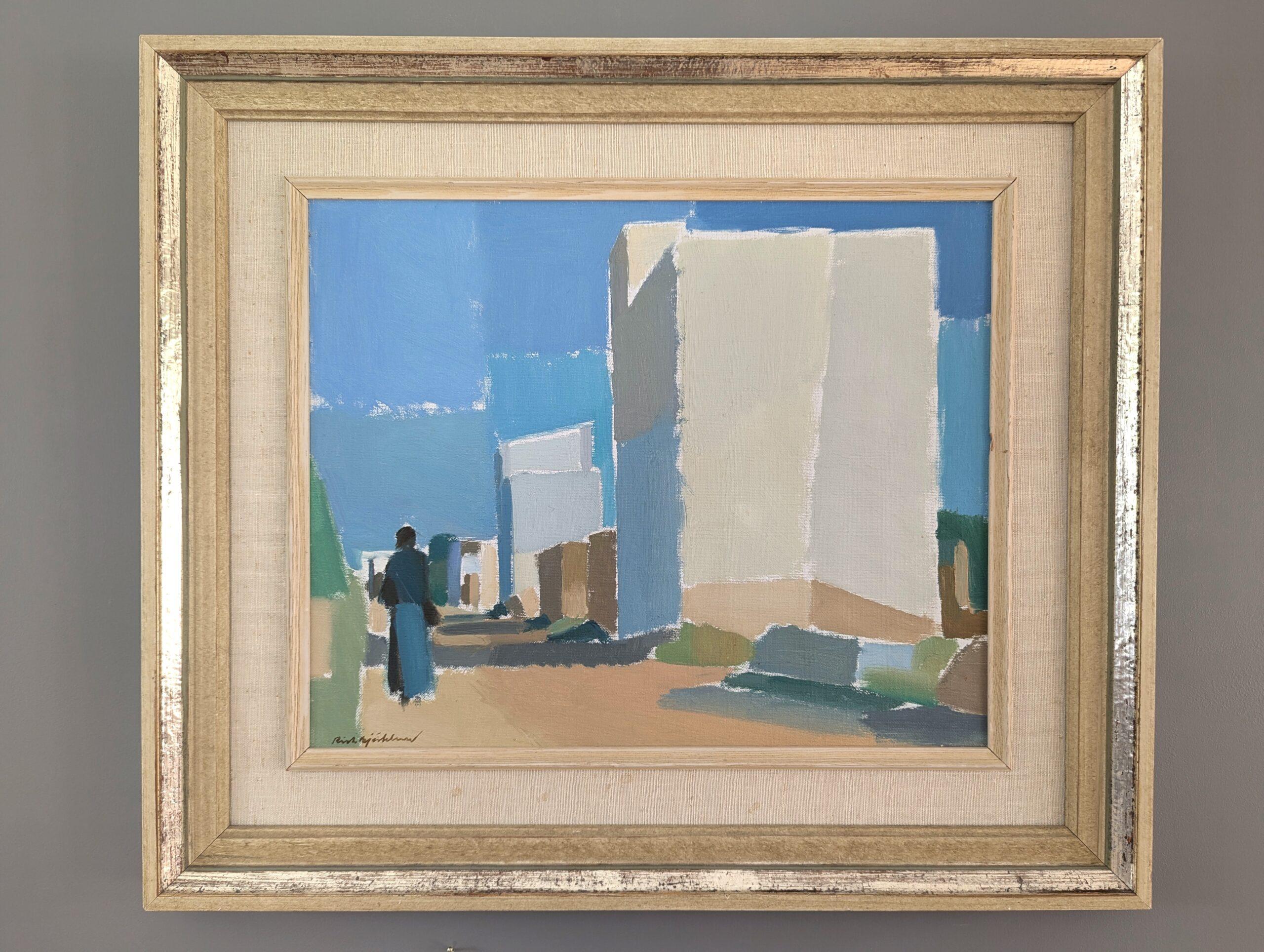 ATTRAVERSO LE CASE COLONICHE 
Dimensioni: 50 x 58 cm (cornice inclusa)
Olio su tavola

Un gradevole dipinto in stile modernista della metà del secolo scorso, realizzato ad olio su tavola dall'affermato artista svedese Richard Björklund (1897-1974),