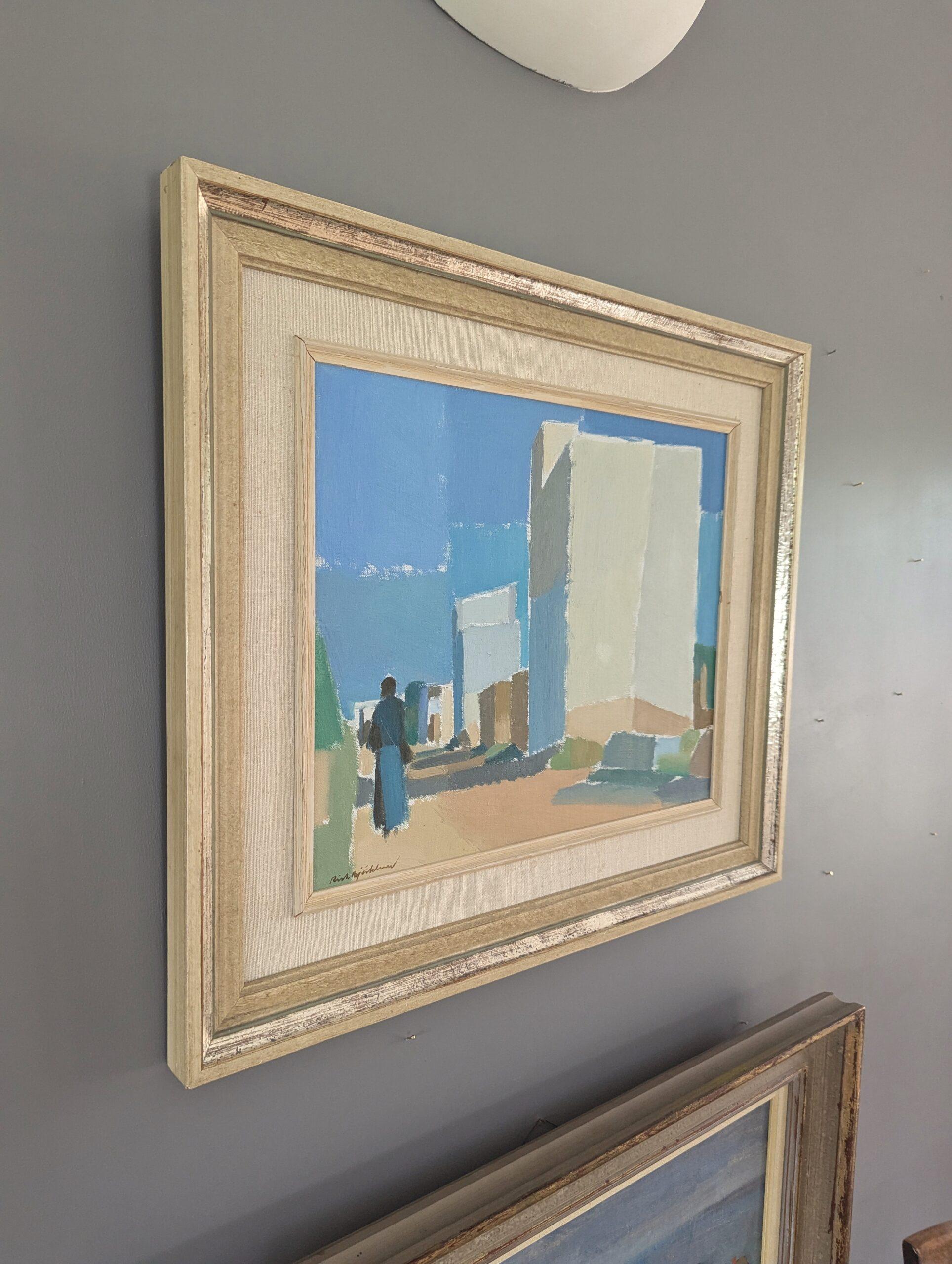 Vintage Mid-Century Modern Landscape Framed Oil Painting -Through the Farmhouses (Paesaggio moderno di metà secolo) 1