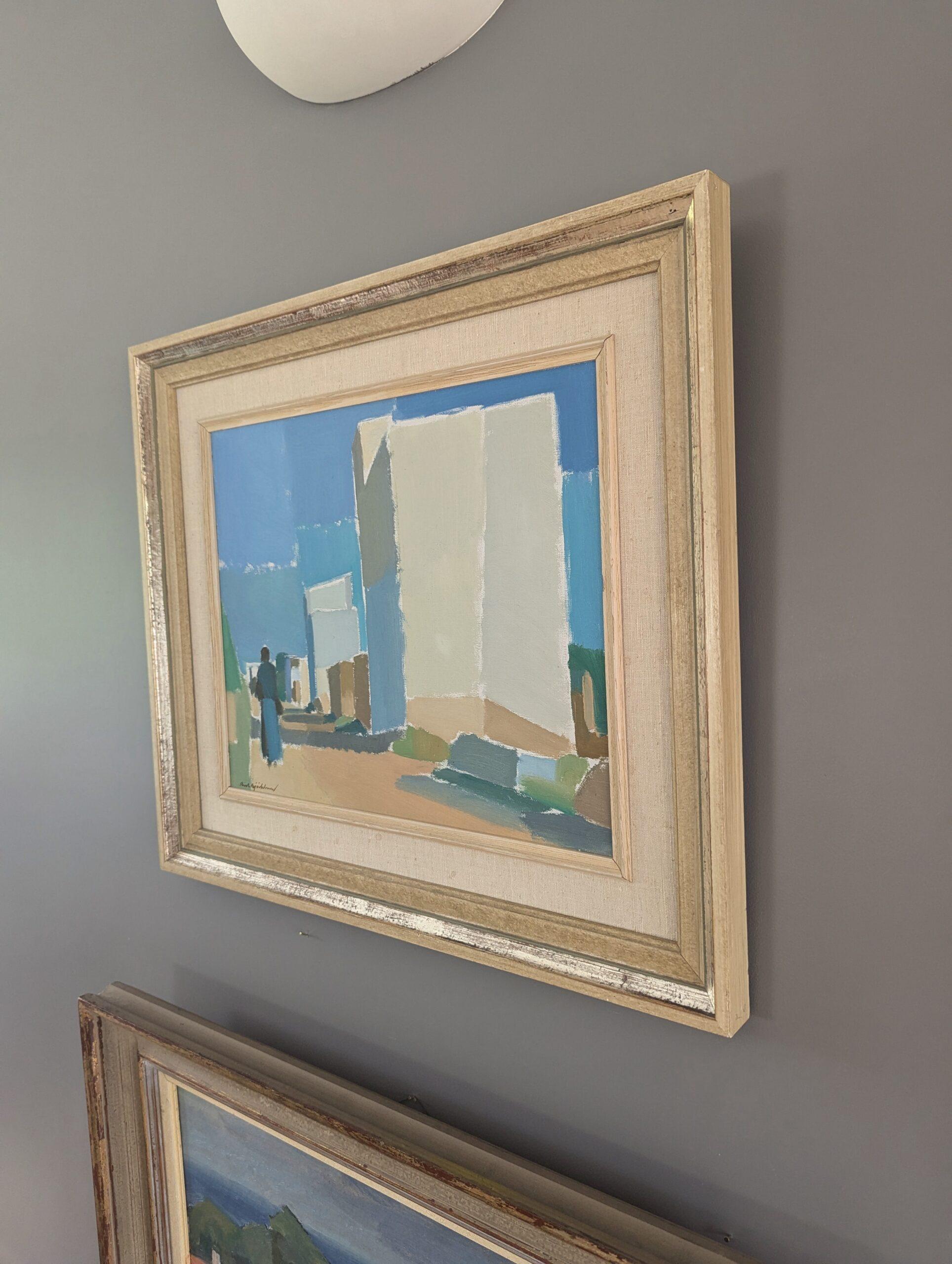 Vintage Mid-Century Modern Landscape Framed Oil Painting -Through the Farmhouses (Paesaggio moderno di metà secolo) 2