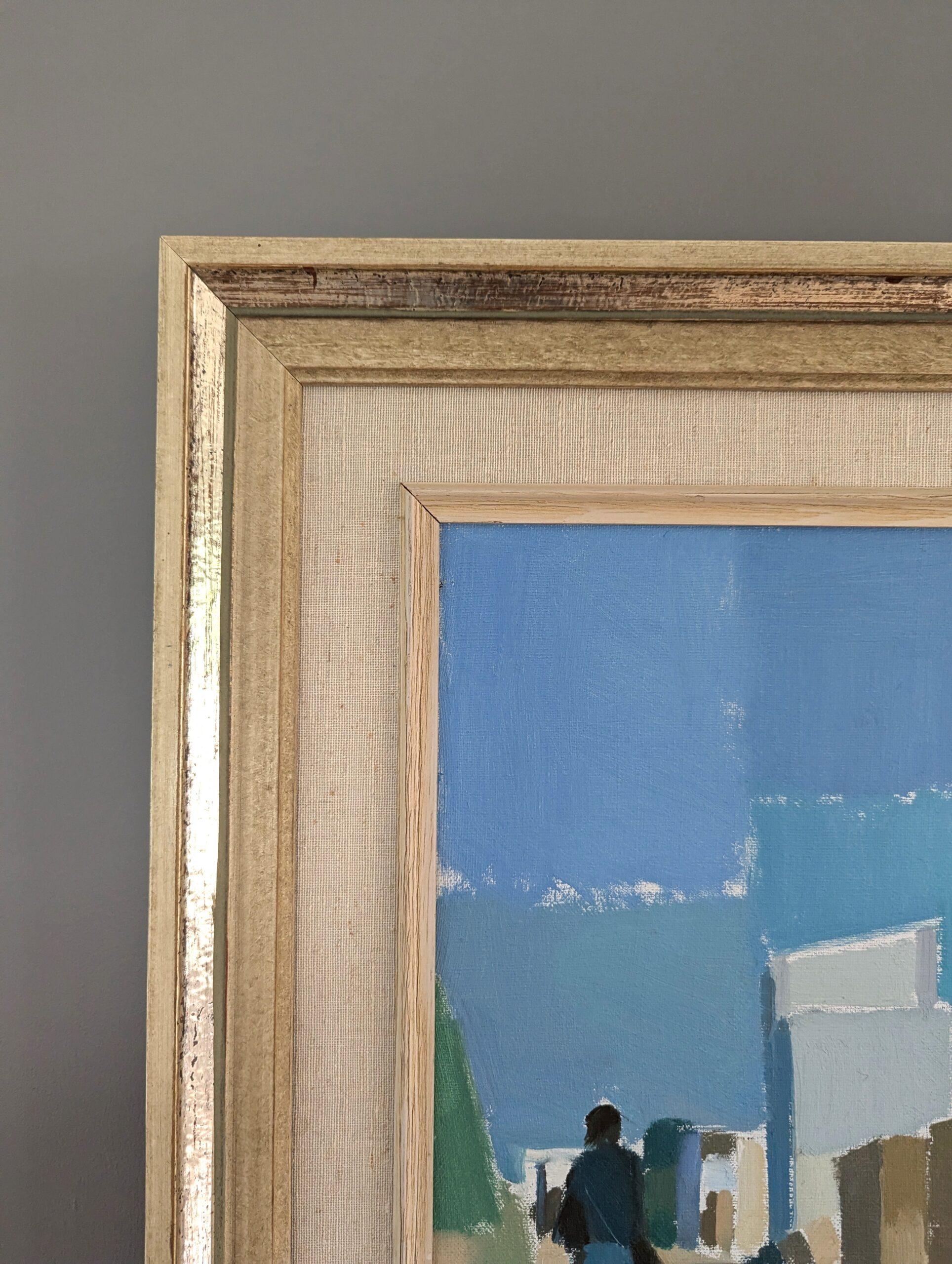 Vintage Mid-Century Modern Landscape Framed Oil Painting -Through the Farmhouses (Paesaggio moderno di metà secolo) 3
