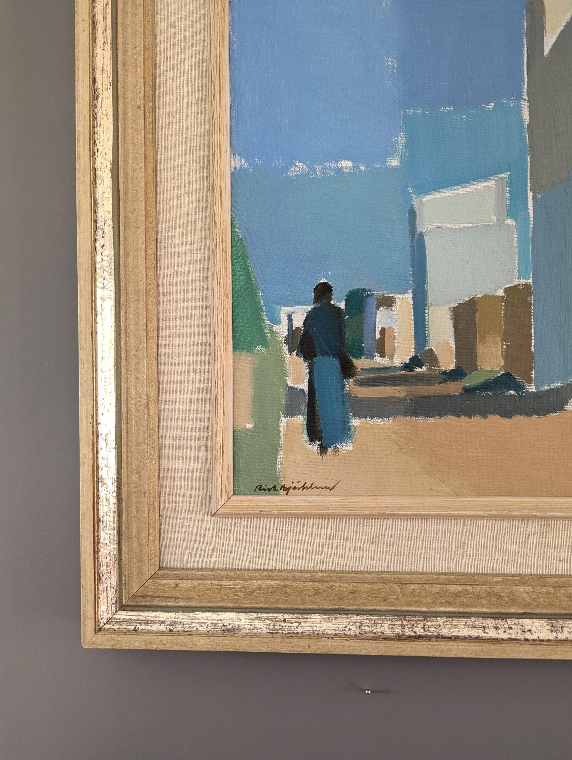 Vintage Mid-Century Modern Landscape Framed Oil Painting -Through the Farmhouses (Paesaggio moderno di metà secolo) 4