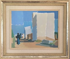 Vintage Mid-Century Modern Landscape Framed Oil Painting -Through the Farmhouses (Paesaggio moderno di metà secolo)