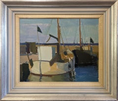 Peinture à l'huile suédoise encadrée du milieu du siècle dernier - Port Side