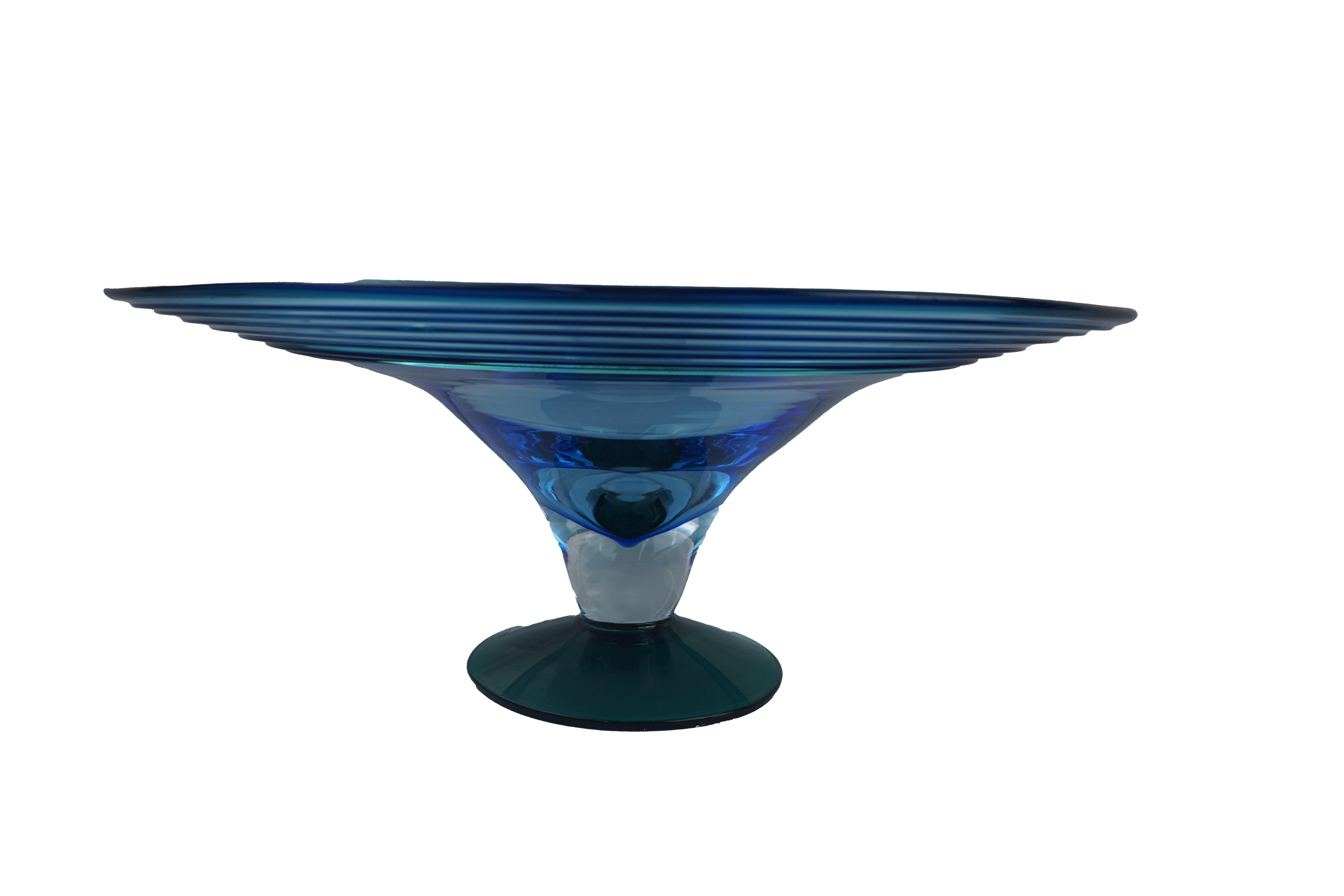 Beautiful handblown glass blue centerpiece bowl by Richard Blink. Signed 