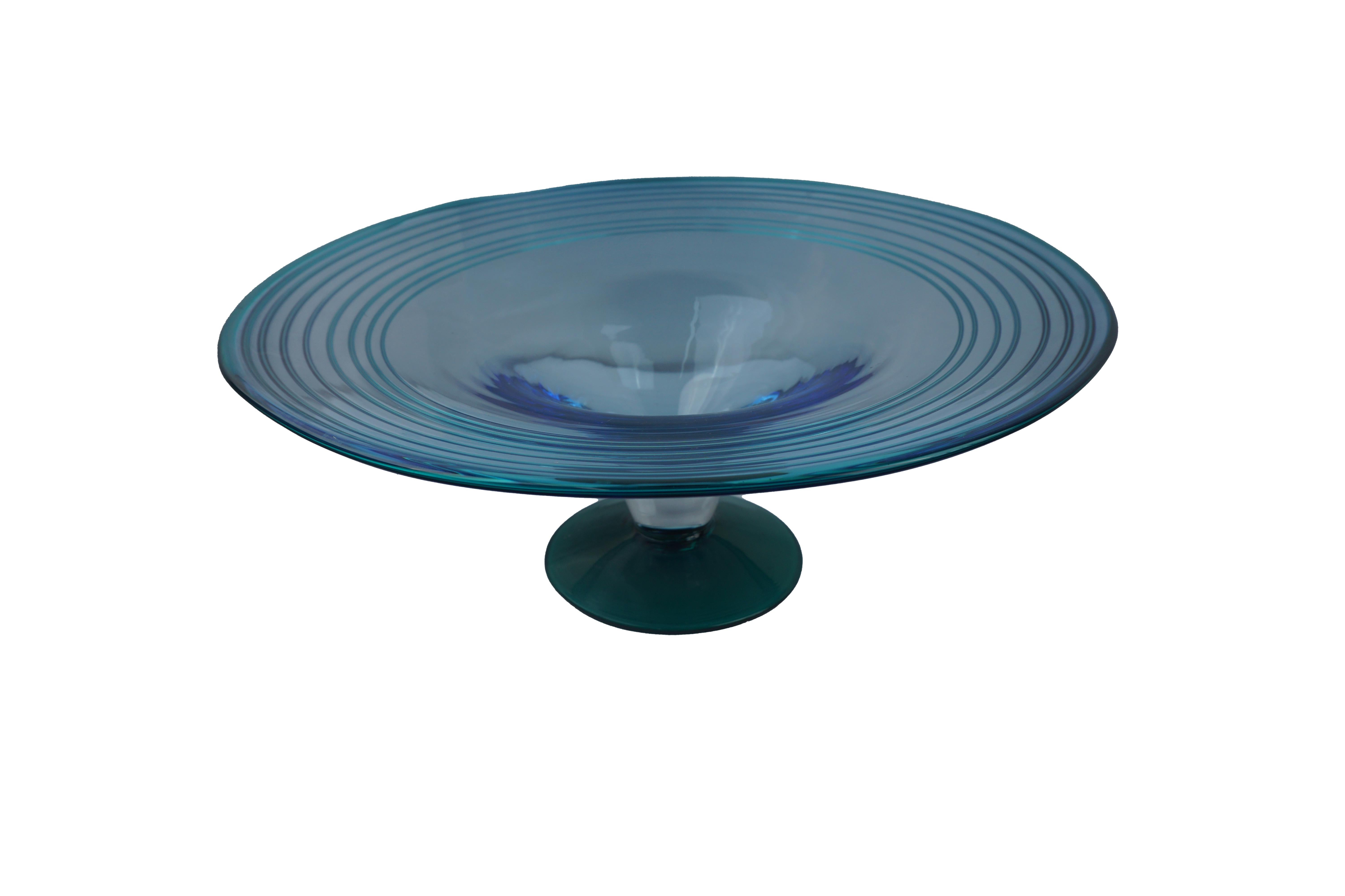 Hand-Crafted Richard Blink Signed Modernist Blue Glass Centerpiece Bowl For Sale