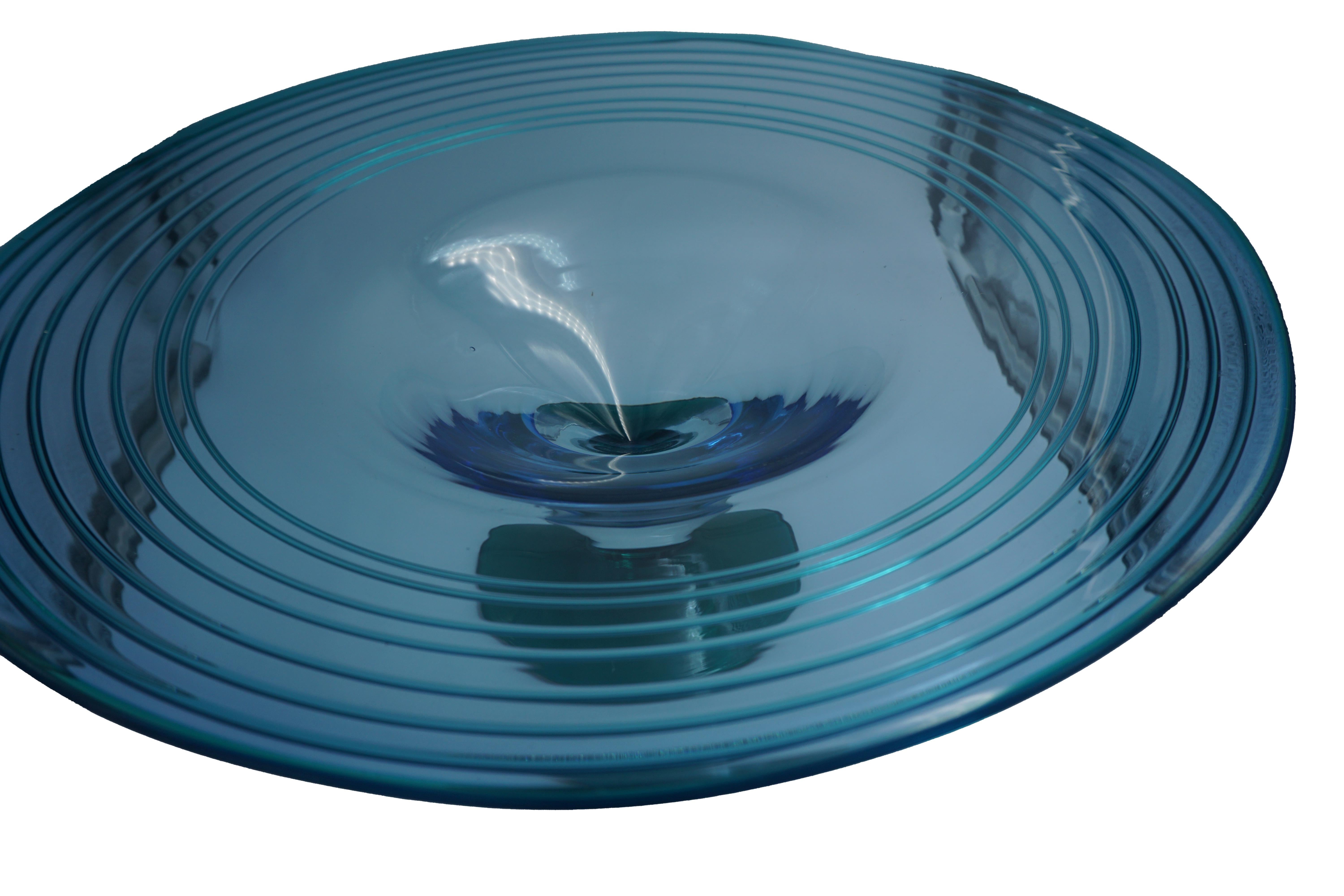 Contemporary Richard Blink Signed Modernist Blue Glass Centerpiece Bowl For Sale