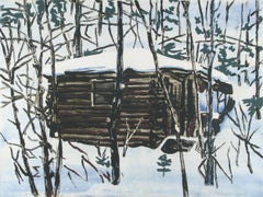 "Cabin", pine trees, snow, brown, white, light blue, winter, etching