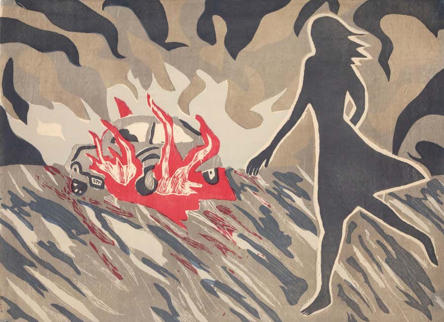 Car Crash, Surrealist Woodcut by Richard Bosman