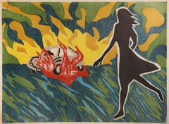 Car Crash II, Surrealist Woodcut by Richard Bosman