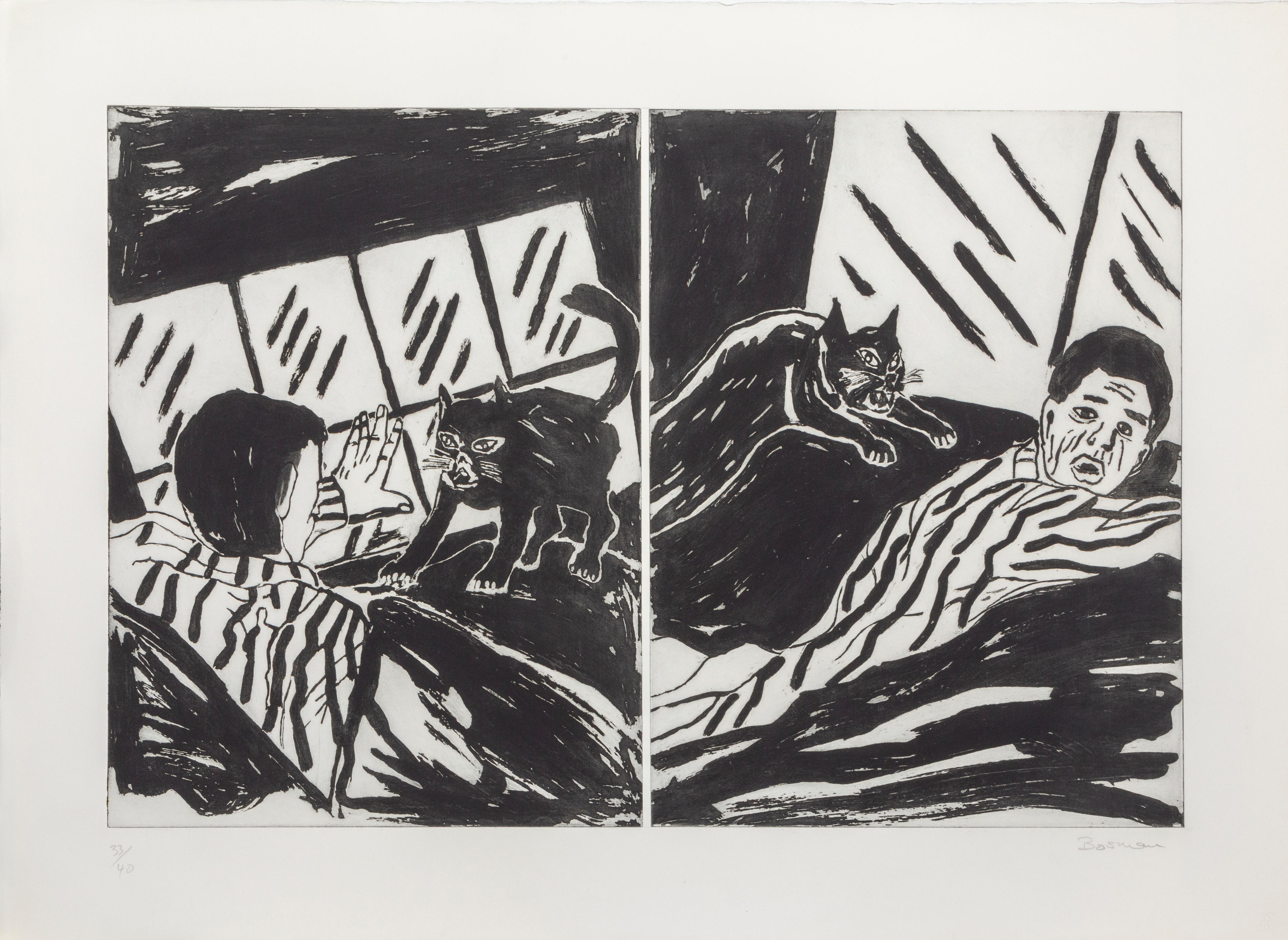 Artista: Richard Bosman, estadounidense (1944 - )
Título: La venganza del gato
Año: 1983
Técnica: Aguafuerte con fondo blanco, firmado y numerado a lápiz 
Edición: 33/40
Imagen: 24 x 36 pulgadas
Tamaño del papel: 78,74 x 109,22 cm (31 x 43 pulg.)