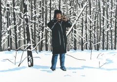 Richard Bosman - "Shout", pine trees, snow, brown, white, light blue, winter, etching "Shout", pine trees, snow, brown, white, light blue, winter, etching