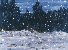 "Snow Squall", pine trees, landscape, white, light blue, earthy, winter, etching