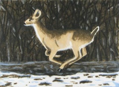 "Winter Deer", brown, tan, white, blue, wildlife, trees, snow, earthy, aquatint