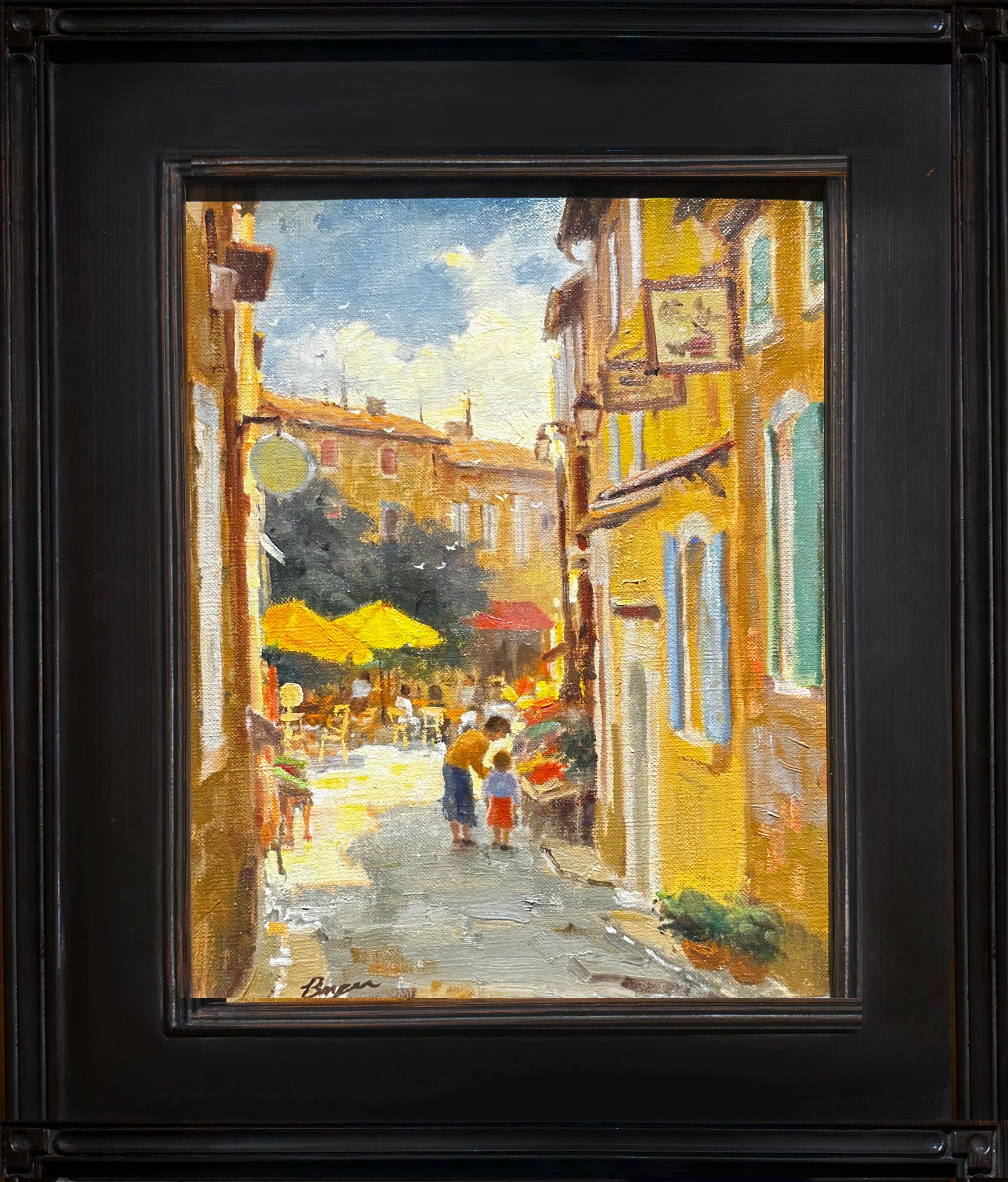 Giorno di mercato piovoso, Olio, dipinto originale italiano toscano, paesaggio di strada - Painting di Richard Boyer