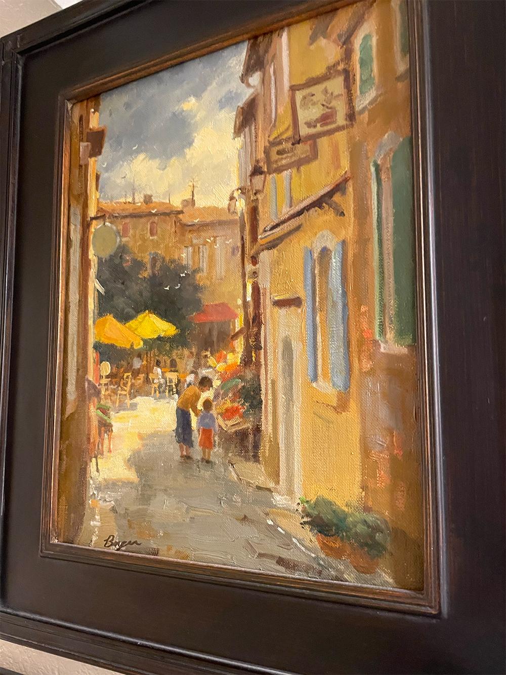 Giorno di mercato piovoso, Olio, dipinto originale italiano toscano, paesaggio di strada - Painting Scuola italiana di Richard Boyer