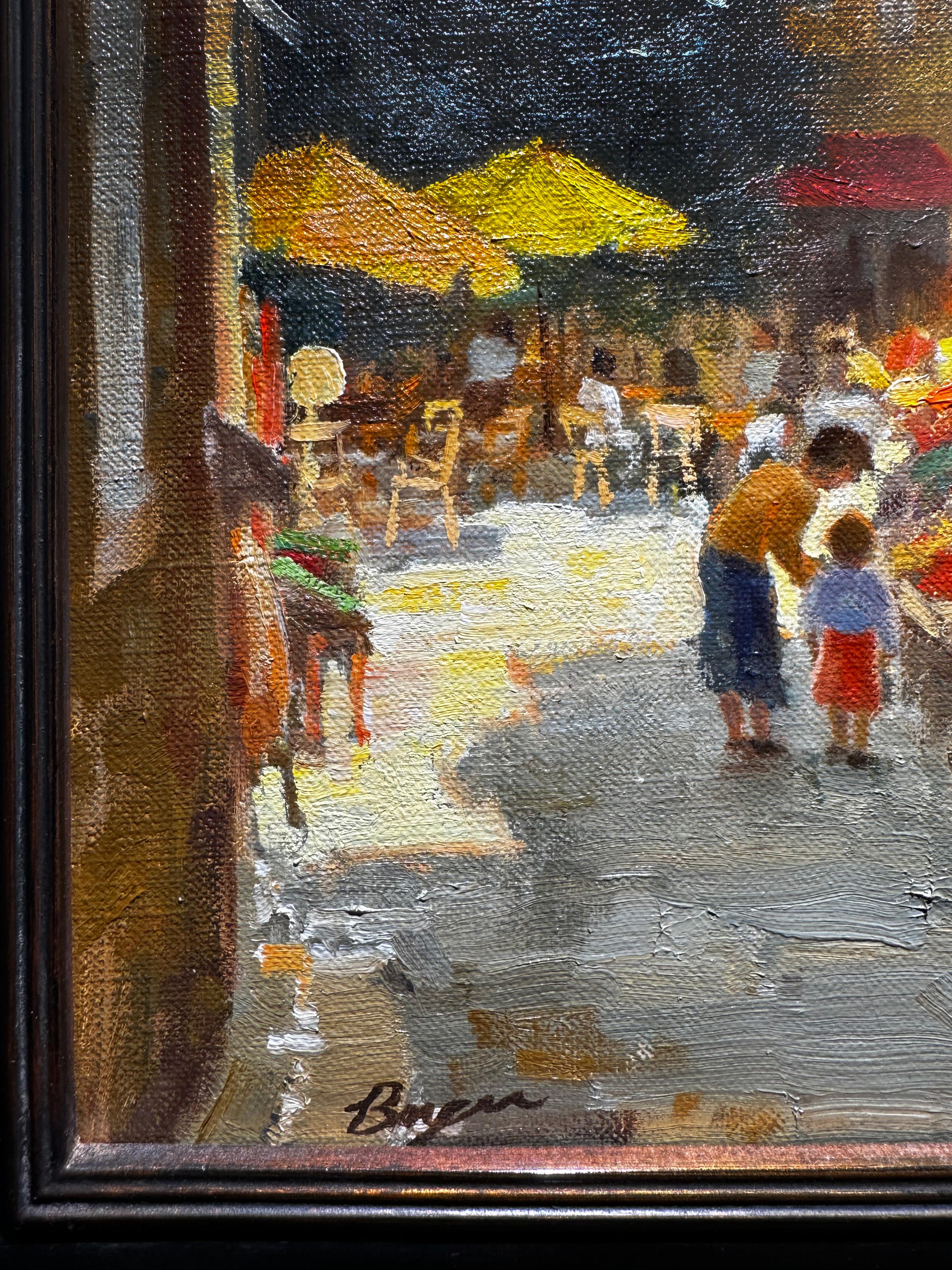 Giorno di mercato piovoso, Olio, dipinto originale italiano toscano, paesaggio di strada - Landscape Painting Marrone di Richard Boyer