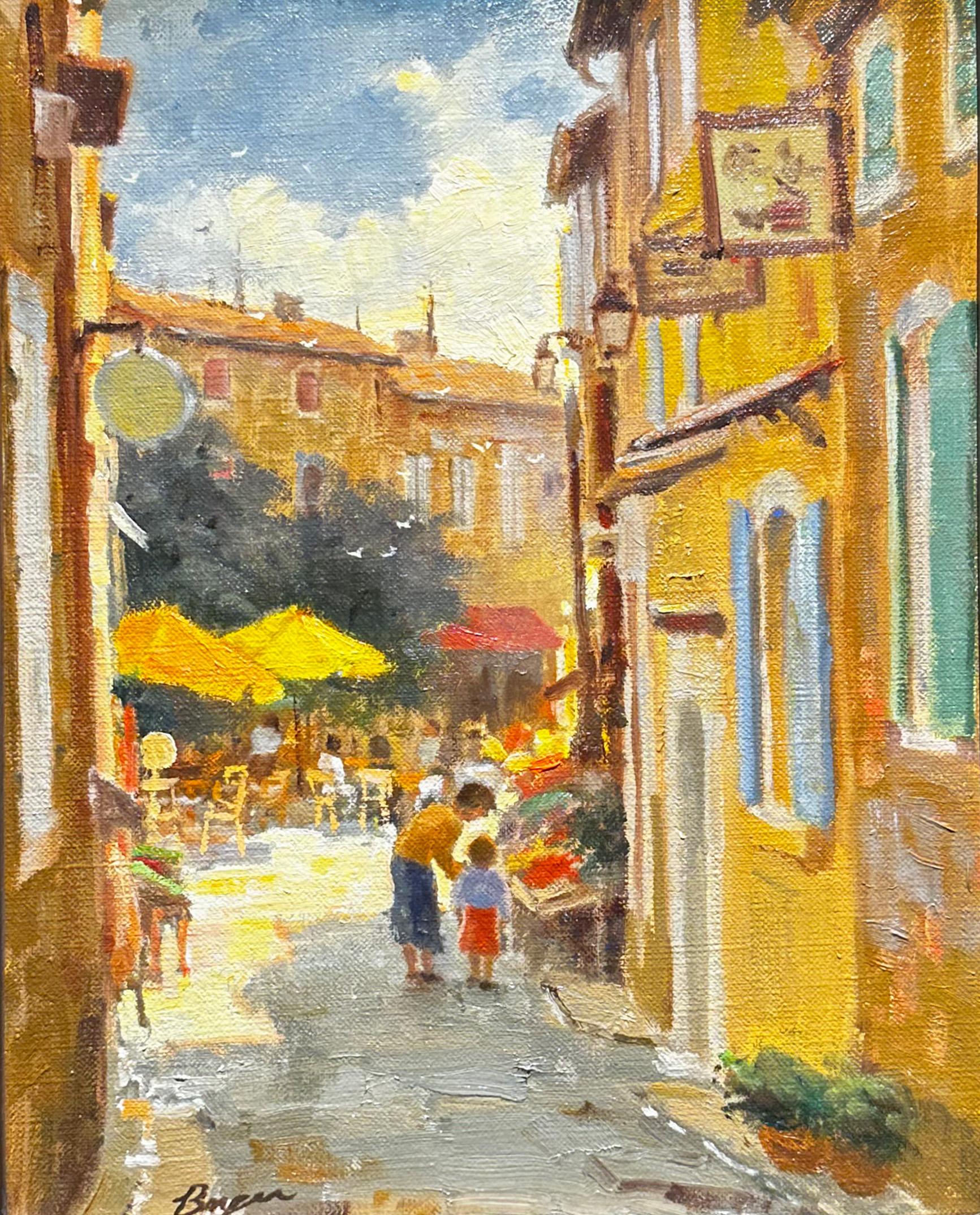 Rainy Market Day, Oil, Italian Tuscan original painting, landscape street scene