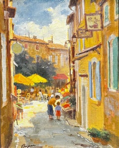Rainy Market Day, Oil, Italian Tuscan original painting, landscape street scene