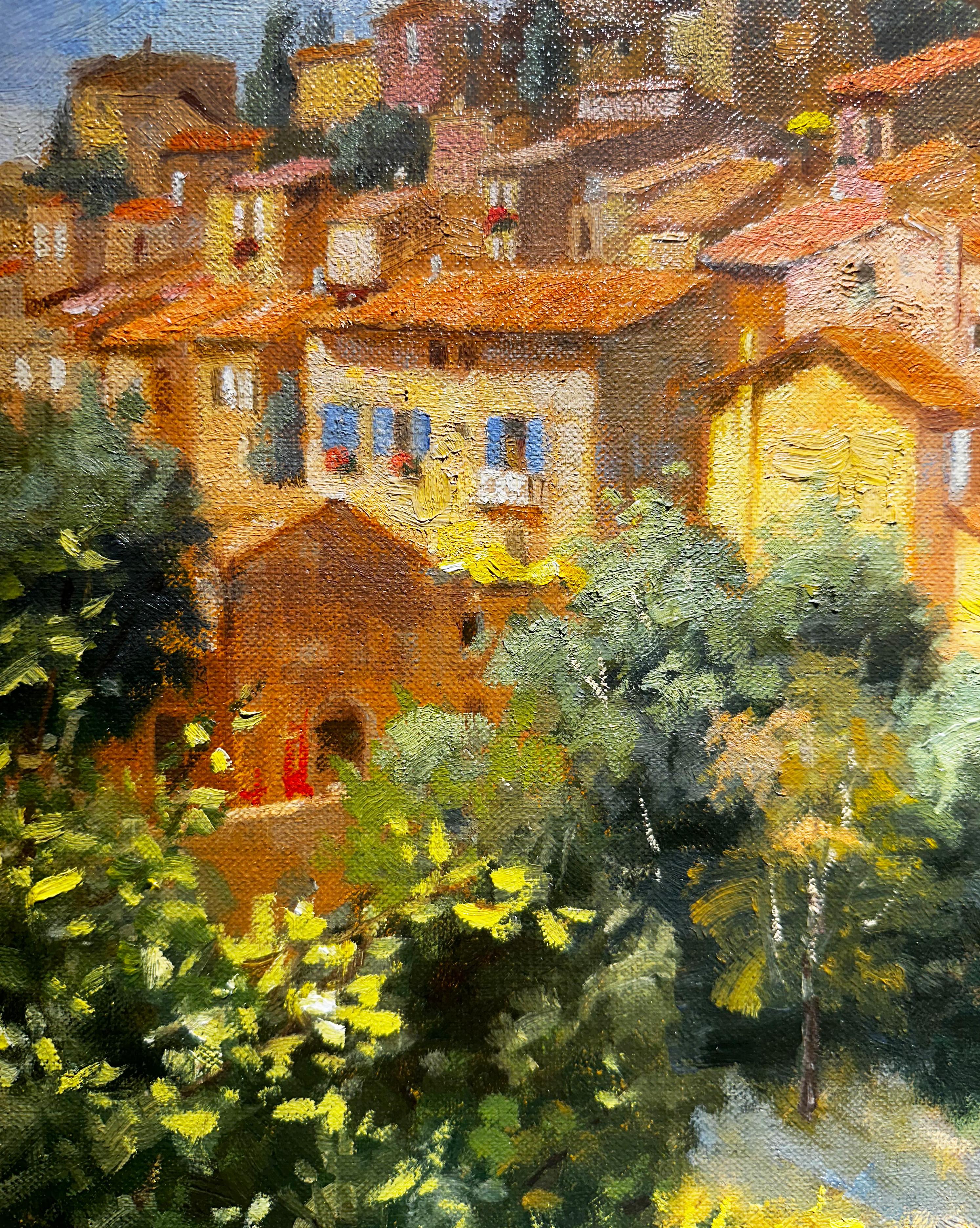 Roussillion, Provence. Original Oil landscape, Impressionist, French countryside - Orange Landscape Painting by Richard Boyer
